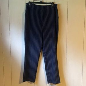 Blue pinstripe pants with stretch on sides